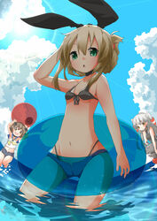  3girls alternate_hairstyle amatsukaze_(kancolle) ball beachball blonde_hair brown_hair commentary_request folded_ponytail hair_tubes innertube kantai_collection long_hair multiple_girls panties rensouhou-kun shimakaze_(kancolle) soutsuki_naru swim_ring swimsuit twintails underwear white_hair yukikaze_(kancolle) 