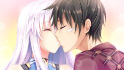  bandaid black_hair bug_system close daichi_shoutarou farah_perellies game_cg gradient haze_man_-_the_local_hero_- kissing kyou_(kurifuto) long_hair short_hair white_hair 