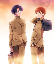  2boys bag briefcase brown_eyes brown_hair commentary_request emiya_shirou fate/stay_night fate_(series) glasses homurahara_academy_school_uniform kuroemon male_focus multiple_boys orange_hair purple_eyes purple_hair ryuudou_issei school_bag school_briefcase school_uniform yellow_eyes 