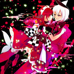  1boy bow braid brown_hair checkered commentary_request female formal funamusea glowing large_bow maid maid_headdress oounabara_to_wadanohara petals photoshop_(medium) red_eyes sekimo sidelocks smile suit syake_(funamusea) twin_braids wadanohara wadanohara_(red_sea) white_hair 