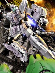  3d character_name commentary_request flying glowing glowing_eyes gundam gundam_unicorn mecha no_humans photoshop_(medium) rippi_kuriya robot unicorn_gundam 