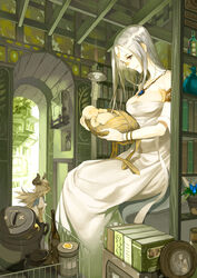  2girls arch baby bangle bare_shoulders blue_eyes book bookshelf bottle bracelet breasts can chain_necklace chains cleavage commentary_request doorway drawing_(object) dress flower grey_hair hanging_light holding horns indoors jewelry lantern large_breasts leiror long_hair looking_at_another multiple_girls necklace original pendant photoshop_(medium) picture_frame plant potted_plant rafters silk sitting smile spider_web strapless strapless_dress swept_bangs white_dress 