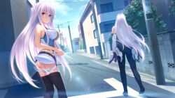  2girls ass bodysuit breasts bug_system building city clouds farah_perellies game_cg garter_belt haze_man_-_the_local_hero_- jill_perellies kyou_(kurifuto) long_hair red_eyes scenic sideboob sky stockings thighhighs white_hair 