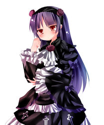  bow commentary_request cross female flower gokou_ruri gothic_lolita hair_flower hair_ornament highres lolita_fashion long_hair mole mole_under_eye nami_z ore_no_imouto_ga_konna_ni_kawaii_wake_ga_nai purple_flower purple_hair purple_rose red_eyes rose solo 