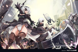  blindfold bodysuit cameltoe chains dress gloves headband jehyun logo male nier nier:_automata pod_(nier:_automata) robot short_hair sword thighhighs weapon white_hair yorha_unit_no._2_type_b yorha_unit_no._9_type_s 