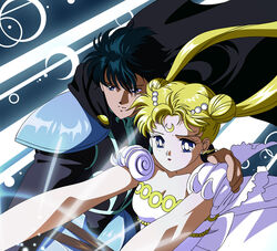  1boy anime_coloring armor bishoujo_senshi_sailor_moon bishoujo_senshi_sailor_moon_r black_hair blonde_hair blue_eyes chiba_mamoru commentary_request crescent crescent_facial_mark derashine detached_sleeves double_bun earrings endymion_(sailor_moon) facial_mark female forehead_mark hair_bun itou_ikuko_(style) jewelry long_hair official_style outstretched_arms photoshop_(medium) princess_serenity short_hair short_sleeves stud_earrings tsukino_usagi twintails 