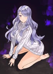  barefoot blazingchaos camilla_(fire_emblem) english_commentary female fire_emblem fire_emblem_fates full_body hair_over_one_eye highres kneeling long_hair looking_at_viewer purple_eyes purple_hair simple_background sitting solo sweater tearing_up turtleneck turtleneck_sweater wavy_hair 