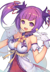  :3 :d aisha_landar bare_shoulders battle_magician_(elsword) breasts cleavage commentary_request creature crossover elsword female gloves kinjo_kuromomo kyuubee mahou_shoujo_madoka_magica mahou_shoujo_madoka_magica_(anime) medium_breasts open_mouth photoshop_(medium) purple_eyes purple_hair purple_skirt short_hair skirt smile twintails v white_background white_gloves 