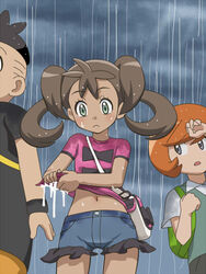  2boys awa backpack bag black_hair blush brown_hair cloud dark_skin denim denim_shorts female frills frown green_eyes multiple_boys navel orange_hair pokemon pokemon_xy quad_tails rain shauna_(pokemon) short_hair shorts shoulder_bag tierno_(pokemon) trevor_(pokemon) twintails wet wet_clothes wringing_clothes wristband 