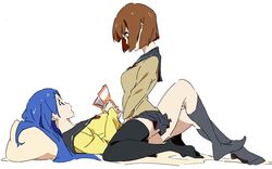  2girls bandou_marimo blue_eyes blue_hair brown_eyes brown_hair commentary_request kneehighs long_hair lying magazine_(object) miniskirt multiple_girls on_back school_uniform short_hair skirt socks straddling takamiya_nasuno teekyuu thighhighs umanosuke white_background yuri zettai_ryouiki 