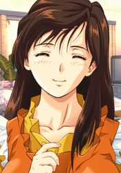  animated animated blush brown_eyes brown_hair kurihara_mari long_hair looking_at_viewer lowres md5_mismatch nolia smile solo super_real_mahjong ugoira 