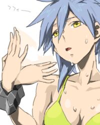  baariya bikini blue_hair breasts drawr fanning female hands original solo sweat swimsuit yellow_eyes 