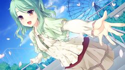  brown_eyes clouds game_cg green_hair kitaooji_karen making_lovers necklace petals short_hair skirt sky smee stairs tagme_(artist) 