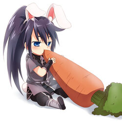  animal_ears bad_id bad_pixiv_id blue_eyes blush carrot danji_black eating female food kyuushuu_sentai_danjiger long_hair maruki_(punchiki) ponytail rabbit_ears saga_kuronosuke sitting solo 