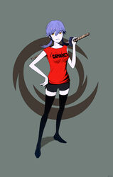  absurdres arsenixc black_shorts black_thighhighs clothes_writing commentary cyrillic english_commentary female hand_on_own_hip highres mixed-language_commentary narutaru over_shoulder purple_hair russian_commentary russian_text shinai shirt short_hair shorts simple_background smile solo sword sword_over_shoulder t-shirt tamai_shiina thighhighs translated twintails weapon weapon_over_shoulder yellow_eyes 