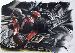  black_jacket buckle camera colored_pencil_(medium) commentary_request dated digital_camera hayashi_ryouta jacket leather leather_jacket nikon_(company) no_humans original photorealistic photoshop_(medium) realistic signature still_life traditional_media unworn_jacket zipper 