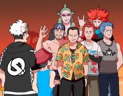  6+boys \m/ archie_(pokemon) bad_id bad_twitter_id bandana beard black_hair blue_hair bucket_hat casual crossed_arms cyrus_(pokemon) elio_(pokemon) eyewear_on_head facial_hair ghetsis_(pokemon) giovanni_(pokemon) gradient_background guzma_(pokemon) hat hawaiian_shirt lysandre_(pokemon) male_focus maxie_(pokemon) moustache multiple_boys pokemon pokemon_(creature) pokemon_usum red_hair rotom rotom_dex shirt simple_background sunglasses tank_top team_rainbow_rocket topless_male waving white_hair yurei-tekina_nanika 