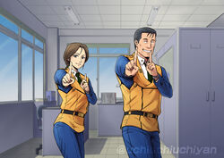  1boy belt black_hair brown_hair commentary_request female gotou_kiichi grin high-visibility_vest index_finger_raised indoors kidou_keisatsu_patlabor koi_dance nagumo_shinobu necktie out_of_character police police_uniform ponytail smile twitter_username uchiyan-uchizum uniform vest window 