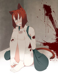  animal_ears bandages blood blood_stain blush brown_hair cat_ears cat_tail commentary_request dress eyepatch female looking_at_viewer majima_yuki open_mouth original photoshop_(medium) rope_marks short_hair sitting smile solo tail 