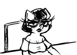  2016 anthro biped black_and_white chair clothed clothing disney domestic_pig eyewear fan_character female furniture glasses half-closed_eyes inkyfrog inkypig lipstick looking_at_viewer makeup mammal monochrome narrowed_eyes simple_background sitting solo suid suina sus_(pig) white_background zootopia 