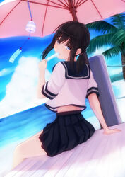  96tuki arm_support beach black_eyes black_hair cloud commentary_request day eating female food fubuki_(kancolle) horizon kantai_collection looking_at_viewer looking_back md5_mismatch midriff_peek ocean outdoors ponytail popsicle resolution_mismatch school_uniform serafuku sitting sky solo source_larger summer wind_chime 