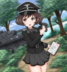  akiyama_yukari alternate_costume binoculars blush brown_eyes brown_hair caterpillar_tracks clipboard commentary_request cross dutch_angle emblem female forest girls_und_panzer hat highres iron_cross jacket kouson&#039;en messy_hair military military_hat military_uniform military_vehicle motor_vehicle nature nazi ooarai_(emblem) open_mouth outdoors panzer_iv peaked_cap reichsadler short_hair sigrunen skirt solo swastika tank totenkopf uniform waffen-ss water 