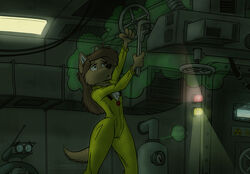  2014 anthro bowman&#039;s_wolf brown_hair canid canine canis chest_tuft clothing duo female flat_chested florence_ambrose frazzle freefall_(webcomic) hair helix_(freefall) holding_object inner_ear_fluff inside jumpsuit long_hair looking_up machine mammal open_mouth red_wolf robot solo_focus steam tools tuft wide_hips wolf wrench 