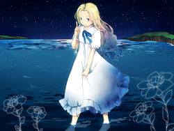  barefoot blonde_hair clothes_grab commentary_request dress female flower highres houmatsu_musume index_finger_raised long_hair looking_at_viewer marnie_(omoide_no_marnie) night night_sky omoide_no_marnie puffy_short_sleeves puffy_sleeves ribbon short_sleeves sky solo star_(sky) starry_sky wading water white_dress 