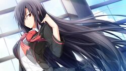  female game_cg hair_over_one_eye indoors kashiwagi_narumi long_hair red_eyes school_uniform sky solo soukoku_no_arterial yakuri 