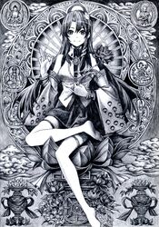  absurdres buddha buddhism cloud commentary_request detached_sleeves female flower frog_hair_ornament greyscale hair_ornament hankafumisage hankashii highres kochiya_sanae long_hair long_legs lotus lotus_pedestal monochrome mudra nobita_(makoto7060355) sitting skirt snake_hair_ornament solo thighhighs touhou traditional_media vitarka_mudra 