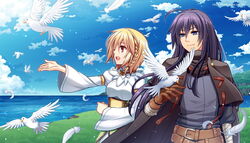  1boy bird blonde_hair blue_eyes boris_jinneman cape children_of_the_rune cloud commentary_request day female gloves hitsuki_rei isolestie_(children_of_the_rune) long_hair outdoors purple_hair red_eyes sky tales_weaver 