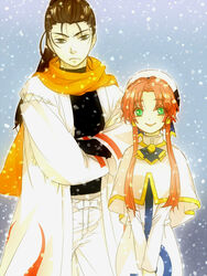  1boy aria_(manga) aria_company_uniform black_eyes brown_hair capelet commentary_request crossed_arms dress female frown green_eyes hair_tubes hanayama321 hat high_collar izumo_akatsuki long_dress long_sleeves mizunashi_akari partial_commentary scarf sidelocks smile snow standing uniform white_capelet white_dress 