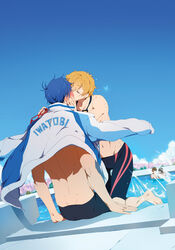  4boys black_hair blonde_hair blue_eyes blush brown_hair commentary_request free! goggles goggles_around_neck hazuki_nagisa izumi_k_rukawa jacket jammers male_focus male_swimwear multiple_boys nanase_haruka_(free!) photoshop_(medium) pool ryuugazaki_rei tachibana_makoto yaoi 