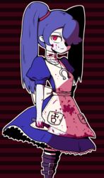  alice:_madness_returns alice_(wonderland)_(cosplay) alice_in_wonderland alice_liddell american_mcgee&#039;s_alice apron blood blue_skin cosplay female hair_over_one_eye inarou_(rakugakiproject) knife red_eyes skullgirls squigly_(skullgirls) stitched_mouth twintails zombie 