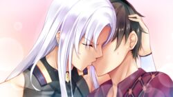  black_hair bug_system close daichi_shoutarou game_cg gradient haze_man_-_the_local_hero_- jill_perellies kissing kyou_(kurifuto) long_hair male short_hair white_hair 