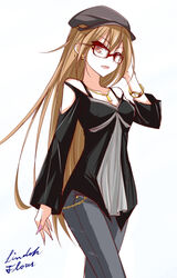  brown_hair character_name commentary_request female glasses hat lindoh_flores long_hair original red-eyes_macadamiachoco solo 