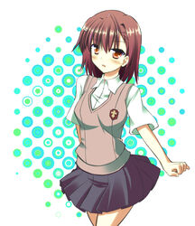  brown_eyes brown_hair commentary_request female mellow misaka_mikoto school_uniform short_hair solo summer_uniform sweater_vest toaru_kagaku_no_railgun toaru_majutsu_no_index tokiwadai_school_uniform 