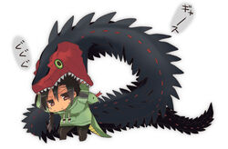  1boy animal_hood biting black_hair brown_eyes chibi commentary_request eating hood hoodie khamsin_nbh&#039;w long_hair male_focus new_year photoshop_(medium) sairei_no_hebi scar shakugan_no_shana snake solo tachitsu_teto tail 