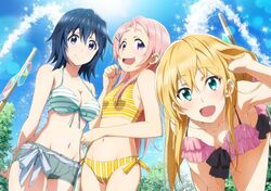  3girls :d aguri_(gamers!) arm_behind_back bent_over bikini bikini_shorts blonde_hair blue_eyes blue_hair blue_sky breasts cleavage collarbone cowboy_shot day from_below front-tie_bikini_top front-tie_top gamers! green_eyes groin hair_between_eyes hair_ornament hand_in_own_hair highres hoshinomori_chiaki lens_flare long_hair looking_at_viewer medium_breasts multiple_girls navel official_art open_mouth outdoors pink_bikini pink_hair purple_eyes shorts sky small_breasts smile sports_bikini standing striped_bikini striped_clothes swimsuit tendou_karen yellow_bikini 