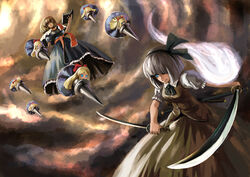  2girls aako alice_margatroid battle blue_eyes capelet commentary_request doll dress dual_wielding duel ghost grey_hair hairband holding katana konpaku_youmu konpaku_youmu_(ghost) lance multiple_girls photoshop_(medium) polearm scabbard shanghai_doll sheath short_hair sky sword touhou weapon 