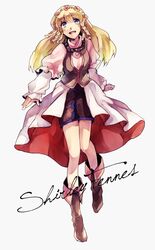  blonde_hair blue_eyes boots character_name coat commentary_request female flower full_body hair_flower hair_ornament knee_boots long_hair sachikan shirley_fennes skirt smile solo tales_of_(series) tales_of_legendia white_background 