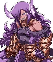  armor armored_dress bad_id bad_tumblr_id breasts curly_hair demon_girl elbow_gloves faulds female gauntlets gloves grin hair_over_one_eye horns long_hair matsuda_yuusuke medium_breasts muscular nise_maou_kanizeru purple_eyes purple_hair sharp_teeth sideboob smile solo teeth yuusha_to_maou 