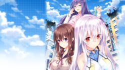  braids breasts brown_hair bug_system clouds farah_perellies game_cg glasses green_eyes haze_man_-_the_local_hero_- kyou kyou_(kurifuto) long_hair mikazuki_touko miyadera_renka orange_eyes purple_eyes purple_hair seifuku sky twintails white_hair 