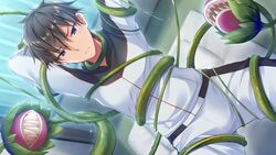  all_male aqua_eyes bandaid black_hair bug_system daichi_shoutarou flowers game_cg haze_man_-_the_local_hero_- kyou_(kurifuto) male short_hair tentacle 