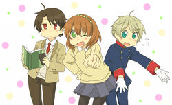  2boys aldnoah.zero asseylum_vers_allusia blue_skirt book brown_hair commentary_request expressionless female gloves green_eyes grey_hair hyadain_no_kakakata_kataomoi_-_c kaizuka_inaho military military_uniform miniskirt multiple_boys nichijou one_eye_closed open_mouth pantyhose parody pleated_skirt pointing pointing_at_viewer red_eyes ryuka school_uniform short_hair skirt slaine_troyard sweater sweater_vest uniform white_gloves 