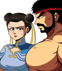  1boy 1girls big_breasts big_pecs capcom chinese_female chun-li female girl_staring_at_guy&#039;s_chest japanese_male meme ryu_(street_fighter) street_fighter street_fighter_6 tinafate1 topless 