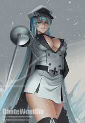  1girls adult adult_female akame_ga_kill! antagonist big_breasts blue_eyes blue_hair body_markings boots breasts cleavage dantewontdie deviantart deviantart_username dominant_female esdeath_(akame_ga_kill!) evil_grin evil_smile female female_only general hat holding_rapier holding_sword ice large_breasts light-skinned_female light_skin long_hair looking_at_viewer no_bra no_pants open_shirt outdoors outside pale-skinned_female pale_skin pantless patreon patreon_username pointing_sword rapier realistic_anatomy realistic_body realistic_breast_size snow solo solo_female sword tall_female thick_thighs thighhighs thighs uniform very_long_hair villain villainess 