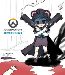  2girls animal_ears blood blush commentary_request cookie_(touhou) cosplay crossed_arms darkness dress dual_wielding empty_eyes full_body grey_dress grey_footwear grey_hair grin haburashi holding kofji_(cookie) mouse_ears mouse_girl multiple_girls nazrin niconico_id nyon_(cookie) overwatch overwatch_1 reaper_(overwatch) reaper_(overwatch)_(cosplay) red_eyes shaded_face sharp_teeth shoes short_hair smile smoke smoking_barrel socks solo_focus standing teeth touhou white_background white_socks 