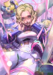  absurdres apex_legends blonde_hair blue_jacket bodysuit bossan_3310 bow breasts crazy_smile doll hand_on_own_cheek hand_on_own_face highres jacket looking_at_viewer medium_breasts official_alternate_costume parted_lips pink_bow porcelain_poppet_wattson purple_bodysuit shirt short_hair sitting smile wattson_(apex_legends) white_shirt 