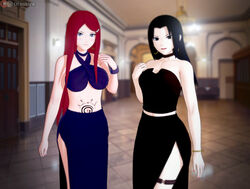  2girls 3d alternate_costume armwear bare_arms bare_legs bare_midriff bare_shoulders bare_thighs belly black_dress black_eyes black_hair bracelet choker clothed clothed_female clothing curvaceous curvy curvy_female curvy_figure dress earrings female female_only fully_clothed hallway hoop_earrings hourglass_figure indoors jewelry koikatsu leg_strap looking_at_viewer mature mature_female mature_woman midriff milf mother multiple_girls nail_polish naruto naruto_(series) naruto_shippuden no_bra no_underwear otsukira purple_dress purple_eyes red_hair revealing_clothes revealing_dress skimpy skimpy_clothes stomach stomach_tattoo take_your_pick thighs uchiha_mikoto uzumaki_kushina very_long_hair wide_hips 